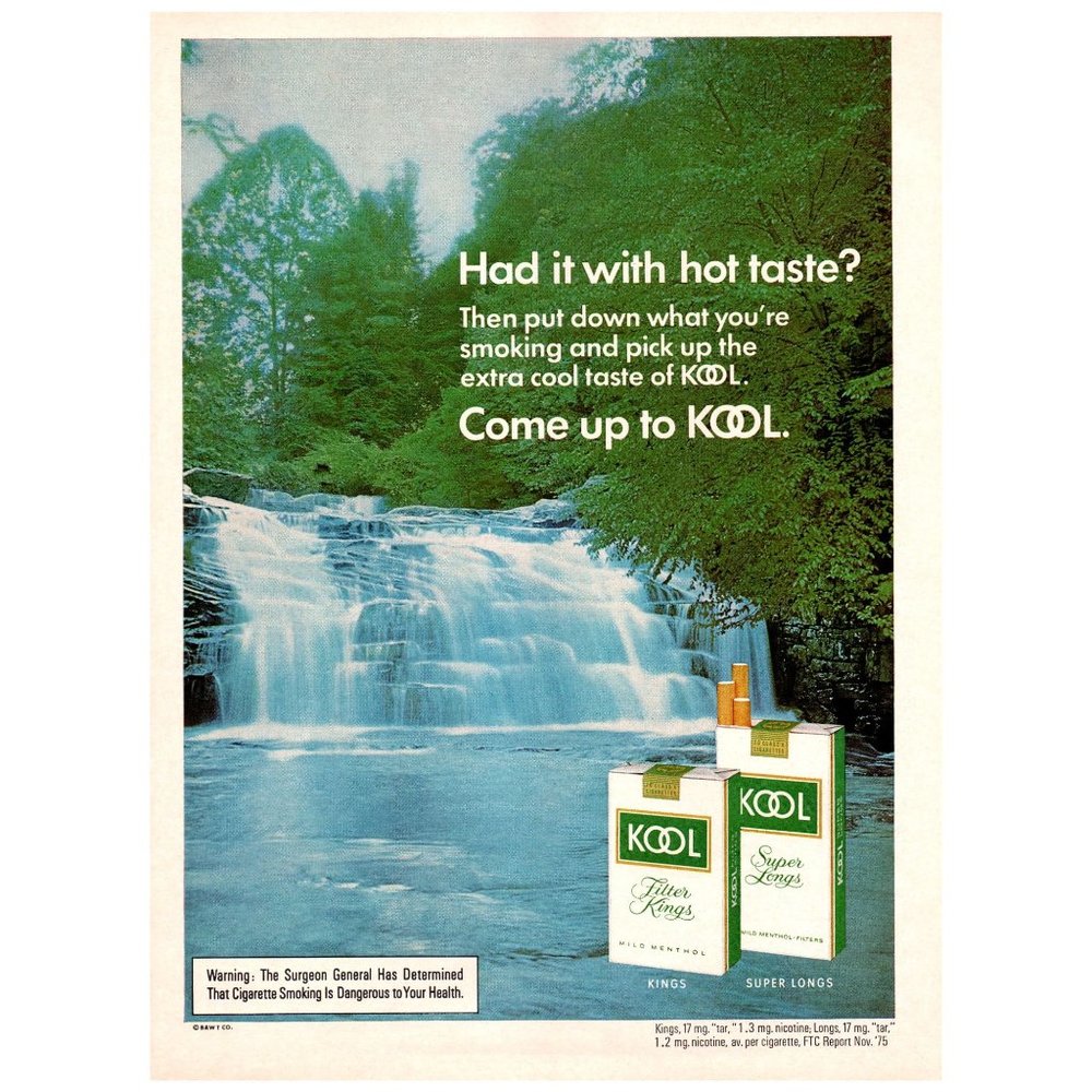 1976 Kool Cigarettes Come up to Kool Vintage Print Ad Waterfall Rapids River